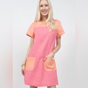 Uncle Frank Women L 100% Linen Dress Pockets Peach Pink Shifty Patchwork Block